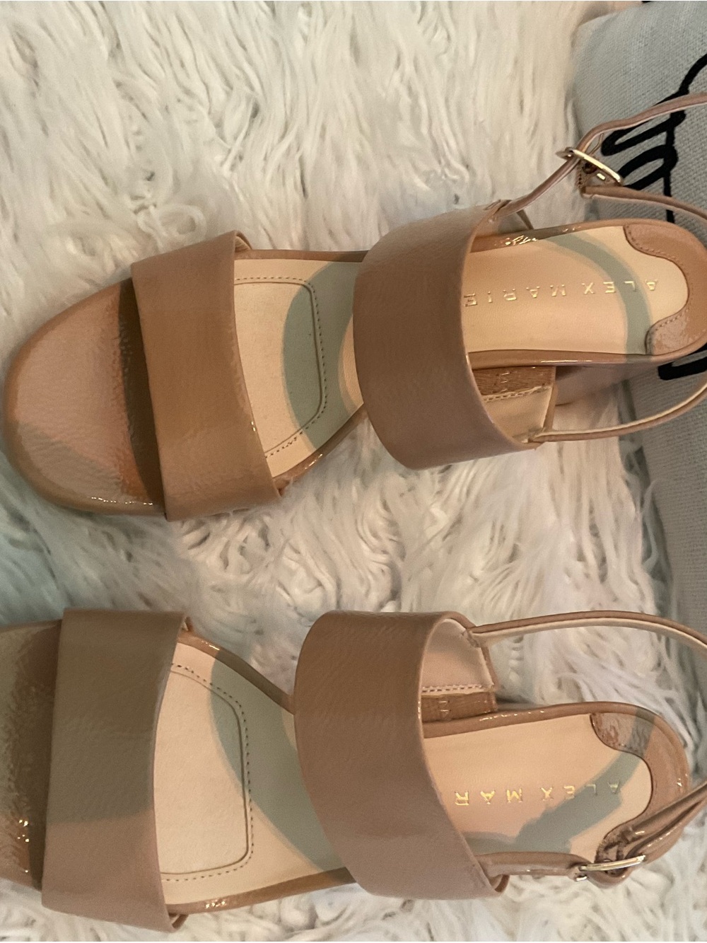 Alex Marie Beige Patent Two-Band Block Heel Sandals